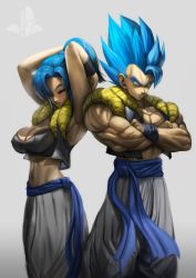 1boy 1girl absurdres blue_eyes blue_hair breasts bulchi cleavage closed_eyes crop_top dragon_ball dragon_ball_super elite_nappa fusion fusion_dance gogeta highres large_breasts metamoran_vest muscular pants ponytail vest wristband