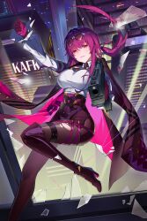 1girl absurdres artist_name black_jacket breasts broken_glass collared_shirt eyewear_on_head glass gloves hair_between_eyes highres honkai:_star_rail honkai_(series) jacket kafka_(honkai:_star_rail) large_breasts libero_art long_hair long_sleeves looking_at_viewer pantyhose purple_eyes purple_gloves purple_hair round_eyewear shirt shorts smile solo sunglasses swinging torn_clothes torn_pantyhose white_shirt