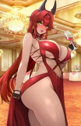 1girl absurdres alcohol bare_shoulders black_gloves blush breasts choker cleavage cup dress drinking_glass fingerless_gloves gloves goddess_of_victory:_nikke highres horns large_breasts long_hair looking_at_viewer mechanical_horns navel open_mouth raskasar red_dress red_hair red_hood_(nikke) red_hood_(nonsense_red)_(nikke) side_slit smile solo thighs wine wine_glass yellow_eyes