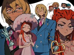 ace_attorney apollo_justice:_ace_attorney bare_shoulders beanie black_background black_hair blonde_hair blue_eyes blunt_ends braid brown_eyes buttons chibi chibi_inset closed_eyes collarbone collared_shirt crown_braid dahlia_hawthorne dress dress_shirt drill_hair glaring grgrton hair_between_eyes hat heart heart_necklace highres holding holding_umbrella jewelry kristoph_gavin lapel_pin long_eyelashes long_hair neck_ribbon necklace parasol phoenix_wright phoenix_wright:_ace_attorney_-_trials_and_tribulations pink_dress pink_ribbon pink_umbrella red_hair ribbon shaded_face shirt side-by-side side_drill simple_background smile sundress twin_braids two-tone_background umbrella vest waistcoat white_background