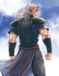 040shao 1boy back belt black_pants black_shirt blue_background brown_belt cape clenched_hand closed_mouth commentary cowboy_shot highres hokuto_no_ken looking_to_the_side male_focus medium_hair mullet muscular muscular_male pants purple_cape scar scar_across_eye scar_on_face shirt short_sleeves shoulder_pads shu_(hokuto_no_ken) smile solo waist_cape white_hair