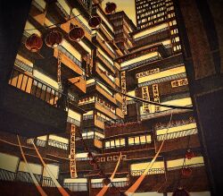 Rule 34 | 1girl, absurdly detailed composition, absurdres, apartment, building, city, complex exterior, dress, highres, ibsukionsen, lantern, orange sky, orange theme, original, outdoors, paper lantern, scenery, silhouette, sky, solo, traditional media