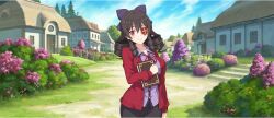 1girl arue_(konosuba) blue_sky book bow breasts brown_hair building casual closed_mouth cloud cloudy_sky collarbone collared_shirt cowboy_shot day dirt_road drill_hair drill_sidelocks eyepatch game_cg hair_between_eyes hair_bow highres holding holding_book jacket kono_subarashii_sekai_ni_shukufuku_wo! konosuba!_fantastic_days large_bow large_breasts light_blush long_hair looking_at_viewer neck_ribbon official_art open_clothes open_jacket outdoors purple_bow purple_shirt red_eyes red_jacket red_ribbon ribbon road shirt sidelocks sky smile solo standing sweater_jacket tachi-e