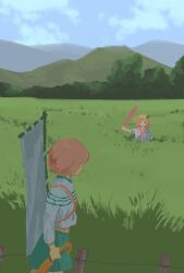Rule 34 | 2girls, absurdres, akuji genkin, antenna hair, banner, blue eyes, blue sky, blush stickers, closed mouth, cloud, cloudy sky, commentary request, day, facing another, facing away, facing to the side, field, freckles, grass, green skirt, grey sailor collar, grey shirt, hand up, hide tani, highres, holding, holding umbrella, kitsuneda kon, leaf, leaf on head, looking at another, medium hair, midriff, mountainous horizon, multiple girls, napoli no otokotachi, nature, neck ribbon, nobori, one side up, outdoors, pink hair, pink ribbon, pleated skirt, ribbon, rope fence, sailor collar, shade, shirt, short hair, shoulder strap, skirt, sky, smile, standing, tall grass, umbrella