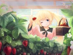 1girl alternate_costume basket black_ribbon black_sailor_collar blonde_hair casual closed_mouth collar commentary_request day eyelashes floating_hair flower food frilled_collar frills fruit garden greenhouse hair_between_eyes head_tilt holding holding_basket indoors long_hair long_sleeves looking_at_viewer nakatsu_shizuru one_eye_closed pink_shirt rewrite ribbon sailor_collar school_uniform serafuku shirt smile solo strawberry tagame_(tagamecat) twintails very_long_hair white_flower wide_sleeves