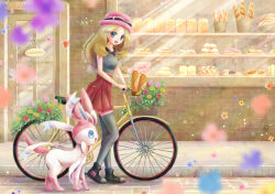 Rule 34 | 1girl, bakery, bicycle, gen 6 pokemon, nintendo, pokemon, pokemon xy, red skirt, serena (pokemon), shop, skirt, sora mameno, sylveon