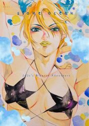 Rule 34 | 1girl, armpits, arms behind head, arms up, bikini, black bikini, blonde hair, blue hair, braid, braided ponytail, breasts, commentary, commentary request, d60257781, double bun, english text, eyelashes, eyeshadow, green eyes, green lips, hair between eyes, hair bun, halterneck, highres, jojo no kimyou na bouken, kuujou jolyne, looking at viewer, makeup, medium breasts, multicolored hair, parted lips, solo, star (symbol), star bra, stone ocean, swimsuit, traditional media, two-tone hair, upper body