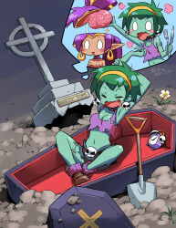 2girls absurdres alarm_clock armpits arms_up artist_name bandeau bare_arms blue_shorts blush_stickers brain breasts brown_shoes character_name choker cleavage clock closed_eyes coffin commentary dated dirt drooling earrings fang flower fork green_hair hairband high_ponytail highres holding holding_brain holding_fork holding_knife holding_own_arm hoop_earrings hungry imagining in_container indian_style isedaichi_ken jewelry knife long_hair loose_socks medium_breasts midriff mouth_drool multiple_girls navel no_pupils o-ring o-ring_top open_mouth outdoors pointy_ears ponytail purple_choker purple_hair purple_socks purple_tank_top red_bandeau ribbed_socks rottytops shantae shantae_(series) shoes short_hair short_shorts shorts shovel sitting skull_earrings small_breasts socks solo_focus speech_bubble stitched_arm stitched_leg stitches stretching tank_top teardrop thought_bubble tombstone torn_clothes torn_shorts torn_tank_top twitter_username waking_up white_flower yawning yellow_hairband zombie