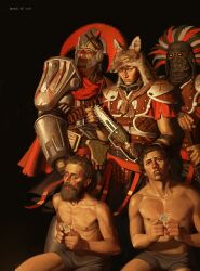 5boys absurdres armor bandana beard black_background blood blood_on_face boxers brown_hair caesar&#039;s_legion cape deimos_art facial_hair fallout:_new_vegas fallout fox_pelt goggles highres kneeling knife leather_armor legionary_(fallout) lottery male_underwear multiple_boys nosebleed pauldrons pelt plume shoulder_armor signature skirt underwear vulpes_inculta