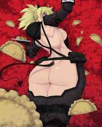 1girl absurdres ass ass_cutout ass_focus blonde_hair breasts chaps clothing_cutout dorohedoro food highres limn044 looking_at_viewer looking_back nikaidou_(dorohedoro) ponytail red_eyes revealing_clothes sideboob tail
