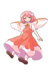 1girl blush brown_shoes collared_shirt commentary_request commission dairi daiyousei_mob_(touhou) dress fairy fairy_wings full_body furrowed_brow highres large_variant_set looking_at_viewer neck_ribbon open_mouth orange_eyes pink_hair red_dress ribbon shirt shoes short_hair short_sleeves skeb_commission smile socks solo tachi-e touhou touhou_sangetsusei transparent_background variant_set white_shirt white_socks wings yellow_ribbon