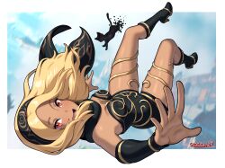 1girl :d absurdres arm_warmers bare_shoulders black_hairband black_leotard black_scarf blonde_hair blurry blurry_background breasts cat city cleavage commentary commission dark-skinned_female dark_skin dusty_(gravity_daze) dutch_angle dynamic_pose english_commentary falling forehead gold_trim gravity_daze hairband high_heels highres kitten_(gravity_daze) leotard looking_at_viewer motion_blur open_mouth parted_bangs red_eyes sarukaiwolf scarf sideways signature smile strapless strapless_leotard vambraces