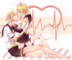 1boy 1girl after_kiss arm_tattoo arm_warmers barefoot black_shorts blonde_hair blue_eyes blush bow brother_and_sister crying incest kagamine_len kagamine_rin kneeling looking_at_another neckerchief number_tattoo ponytail sailor_collar saliva saliva_trail shirt short_hair shorts siblings tattoo twincest twins vocaloid white_shirt yellow_neckerchief
