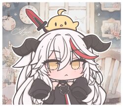 1girl :&lt; aged_down ai-assisted ai-generated_background animal animal_ears animal_on_head artist_name azur_lane baby_animal bare_shoulders bird black_collar black_dress black_horns border chair character_name chibi chibi_only chick clock collar commentary dragon_girl dragon_horns dress fake_animal_ears futaba_(anti_clockwise) highres holding holding_sword holding_weapon horns imperial_german_flag indoors little_aegir_(azur_lane) long_hair manjuu_(azur_lane) multicolored_hair on_head picture_frame red_hair sleeves_past_fingers sleeves_past_wrists streaked_hair sword symbol-only_commentary weapon white_border window yellow_eyes