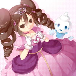 10s 1girl argyle_background argyle_clothes brown_eyes brown_hair commentary_request cowboy_shot creatures_(company) dress drill_hair game_freak gen_5_pokemon gradient_background long_hair nintendo pokemon pokemon_(creature) pokemon_bw2 pokestar_studios pokewood rosa_(pokemon) saru twin_drills vanillish vanillite
