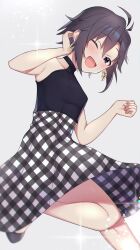 antenna_hair black_shirt brushing_hair brushing_own_hair dress earrings grey_background hair_between_eyes highres idolmaster idolmaster_million_live! idolmaster_million_live!_theater_days jewelry kikuchi_makoto official_alternate_costume one_eye_closed open_mouth parted_bangs raimone26 shirt sidelocks simple_background skirt sleeveless sleeveless_dress sleeveless_turtleneck smile turtleneck