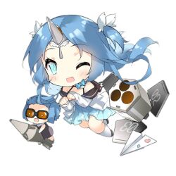 +_+ 2girls :d black_shoes blue_bow blue_bowtie blue_dress blue_eyes blue_hair blush blush_stickers bow bowtie brown_dress chibi dress fairy_(girls&#039;_frontline) fang full_body girls&#039;_frontline goggles hair_bow halterneck heart_sticker holding_rocket horns long_hair long_sleeves looking_at_viewer multiple_girls multishot_rocket_launcher off-shoulder_dress off_shoulder official_art one_eye_closed one_side_up open_mouth orange-tinted_eyewear paper_airplane paw_pose rocket rocket_fairy_(girls&#039;_frontline) rocket_launcher saru shoes simple_background single_horn sleeves_past_wrists slit_pupils smile socks third-party_source tinted_eyewear transparent_background weapon white_bow white_socks