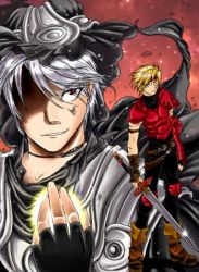 2boys armor black_pants boots brown_hair dart_feld game_console gloves headband hood jewelry lloyd male_focus moon_gem multiple_boys necklace pants red_eyes robe silver_hair smile sword the_legend_of_dragoon weapon wingly