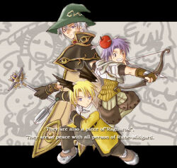2000s_(style) 3boys acolyte_(ragnarok_online) alarm_(ragnarok_online) apple_on_head arrow_(projectile) arrow_through_apple black_gloves black_pants blonde_hair bow_(weapon) brown_cape brown_capelet brown_gloves brown_pants brown_shirt brown_shoes brown_shorts cape capelet cassock closed_mouth commentary_request cropped_jacket drawing_bow english_text engrish_text frown full_body gloves green_hat grey_eyes grey_hair grin hat head_wings holding holding_bow_(weapon) holding_mace holding_weapon hunter_(ragnarok_online) jacket letterboxed long_sleeves looking_at_viewer lowres mace male_focus monocle multiple_boys orc_lady_(ragnarok_online) pants pants_under_shorts poring purple_eyes purple_hair ragnarok_online ranguage shirt shoes short_hair short_sleeves shorts smile sting_(ragnarok_online) suni_(pixiv401818) weapon white_jacket wings witch_hat wizard_(ragnarok_online)