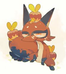 Rule 34 | akadako, animal focus, apple, applin, closed mouth, facial mark, food, fruit, full body, gen 8 pokemon, green outline, half-closed eyes, jitome, looking at viewer, nickit, nintendo, no humans, on head, orange eyes, outline, pokemon, pokemon (creature), pokemon on head, simple background, sitting, spread legs, whisker markings, white background