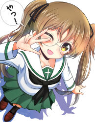 1girl blonde_hair blush breasts brown_eyes collarbone girls_und_panzer kumaisao long_hair looking_at_viewer one_eye_closed oono_aya open_mouth small_breasts smile solo twintails wink
