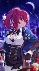 Rule 34 | 1girl, absurdres, belt, black gloves, black shorts, blue jacket, breasts, building, cleavage, closed mouth, crescent moon, cup, flower, gloves, highres, holding, holding cup, honkai (series), honkai impact 3rd, jacket, large breasts, moon, murata himeko, murata himeko (arctic kriegsmesser), night, night sky, official art, orange eyes, ponytail, red flower, red hair, red rose, rose, shirt, shooting star, short ponytail, shorts, sky, smile, solo, star (sky), starry sky, white shirt