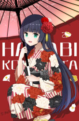 Rule 34 | 1girl, :d, alternate costume, artist name, black hair, black sandals, blunt bangs, character name, commentary request, drop shadow, floral print, floral print kimono, flower, full body, hair flower, hair ornament, highres, holding, holding umbrella, ikizulive! love live! bluebird, japanese clothes, kimono, komagata hanabi, long hair, looking at viewer, love live!, oil-paper umbrella, open mouth, print kimono, red background, red flower, red kimono, sakurai makoto (custom size), sandals, signature, smile, solo, spinning top, squatting, striped clothes, striped kimono, tassel, tassel hair ornament, text background, umbrella, vertical-striped clothes, vertical-striped kimono, very long hair, white flower