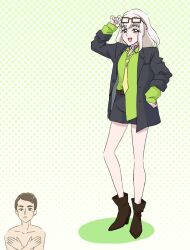 Rule 34 | 1boy, 1girl, bare legs, belt, blonde hair, blunt bangs, boots, brown hair, choker, covering nipples, covering privates, eyelashes, eyewear on head, full body, glasses, green shirt, hand in pocket, jacket, kimi to idol precure, long sleeves, mature male, medium hair, mihiro (mihirolling), necktie, open clothes, open jacket, parted bangs, pink eyes, polka dot, polka dot background, precure, purirun (civilian) (precure), purirun (precure), ribbon choker, shirt, short hair, shorts, solo focus, tanaka (precure), thick eyelashes, topless male, upper body