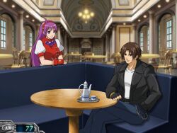 Rule 34 | 1boy, 1girl, asamiya athena, black jacket, brown hair, couch, cup, hair ornament, idol, jacket, kusanagi kyou, long hair, pachinko, psycho soldier, purple eyes, purple hair, shirt, sitting, smile, snk, star (symbol), star hair ornament, teacup, the king of fighters