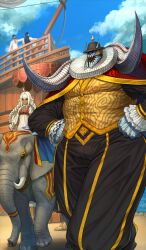1girl 3boys ahoge animal arm_support black_hat black_pants black_shirt blue_skin blue_sky braid breasts buttons cape clenched_hands closed_mouth cloud colored_skin commentary_request dark-skinned_female dark_skin day elephant faceless faceless_male fate/grand_order fate_(series) frilled_sleeves frills giant giant_male hair_tie hands_on_own_hips hat horns horns_through_headwear ivan_the_terrible_(fate) lakshmibai_(fate) long_hair long_sleeves male_focus monster_boy multiple_boys neck_ruff ninnin_(shishitou) odoru_dragon_castle! official_art pants red_cape red_eyes ship shirt short_sleeves sidelocks size_difference sky smile standing sunlight third-party_source vest water watercraft white_hair yellow_vest