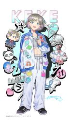 1girl :d alternate_costume animal_charm black_shoes blue_eyes character_name clothes_writing collarbone full_body grey_hair grey_sports_bra group_name highres jacket long_sleeves love_live! love_live!_superstar!! midriff navel open_clothes open_jacket open_mouth panda pants parted_bangs ponko517 shoes short_hair smile sneakers solo sports_bra standing tang_keke teeth tiny_stars underwear_writing upper_teeth_only v watermark white_background white_jacket white_pants
