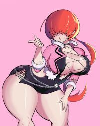 1girl breasts cleavage_cutout clothing_cutout curvy dress female_focus fishnets fluffy heart huge_breasts jacket large_breasts long_hair pale_skin ponytail red_hair shermie_(kof) skirt standing the_king_of_fighters thick_thighs thighs wide_hips