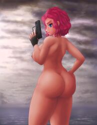 1girl absurdres ass avengers_(series) black_widow black_widow_(marvel) blue_eyes breasts cloud completely_nude dark_clouds finger_on_trigger glock gun hand_on_thighs handgun highres huge_breasts huge_filesize large_breasts looking_at_viewer marvel natasha_romanoff nipples nude pistol red_hair saf-404 short_hair thick_thighs thighs weapon wide_hips