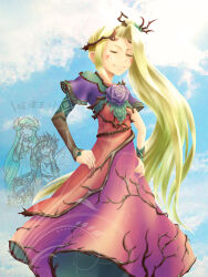 Rule 34 | 1boy, 2girls, blonde hair, blue sky, closed eyes, dress, hands on own hips, hanpitsu (palewhite), kid icarus, kid icarus uprising, long hair, multiple girls, nintendo, palutena, pit (kid icarus), ponytail, red dress, sky, solo focus, translation request, very long hair, viridi