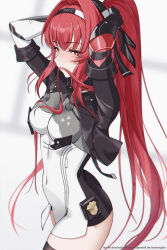 1girl black_jacket blush bodysuit breasts bright_pupils chromatic_aberration commentary_request commission covered_navel cowboy_shot cropped_jacket grey_bodysuit hair_in_own_mouth hair_intakes highres jacket long_hair looking_at_viewer mechanical_arms mechanical_hands medium_breasts partial_commentary pixiv_commission punishing:_gray_raven red_eyes red_hair solo thighs tying_hair uriuritei vera:_garnet_(pgr) vera_(pgr) very_long_hair white_pupils