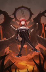 Rule 34 | 1girl, absurdres, arknights, bare shoulders, black horns, black jacket, black thighhighs, chain, closed mouth, collarbone, crossed legs, embers, full body, hair intakes, hell, highres, horns, infection monitor (arknights), jacket, kojy 2524, lava, long hair, long sleeves, looking at viewer, monster, off shoulder, purple eyes, red hair, serious, sitting, staring, surtr (arknights), thighhighs