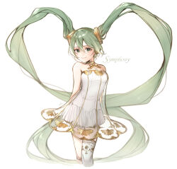 Rule 34 | 1girl, absurdres, after0217, arms behind back, asymmetrical legwear, bare shoulders, breasts, closed mouth, dress, gramophone miku, green eyes, green hair, hair between eyes, hair ornament, hatsune miku, highres, long hair, medium breasts, miku symphony (vocaloid), number tattoo, short dress, smile, solo, strapless, strapless dress, tattoo, thighhighs, tutu, twintails, very long hair, vocaloid, white dress, white thighhighs