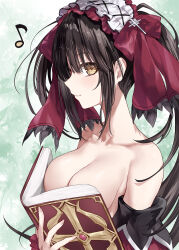 1girl asle bare_shoulders black_hair boobs_in_book_(meme) book breasts clock_eyes closed_mouth collarbone commentary_request date_a_live from_side heterochromia highres holding holding_book large_breasts looking_at_viewer meme musical_note smile solo spoken_musical_note symbol-shaped_pupils tokisaki_kurumi twintails
