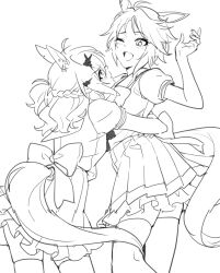 Rule 34 | 2girls, ahoge, animal ears, blush, bow, bowtie, closed mouth, clothing cutout, eye contact, feet out of frame, frown, fuji kiseki (umamusume), greyscale, highres, horse ears, horse girl, horse tail, hug, jungle pocket (umamusume), looking at another, medium hair, monochrome, multiple girls, one eye closed, open mouth, ponytail, school uniform, short hair, short ponytail, short sleeves, skirt, smile, tail, tail through clothes, thighhighs, tracen school uniform, umamusume, yuri, zn242878163