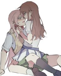 2girls bang_dream! bang_dream!_it&#039;s_mygo!!!!! black_socks blue_eyes blush brown_hair brown_sweater_vest chihaya_anon closed_mouth collar collar_tug dress eye_contact fang green_skirt grey_eyes haneoka_school_uniform highres kneehighs long_hair looking_at_another multiple_girls nagasaki_soyo open_mouth pink_hair pleated_skirt red_collar school_uniform shiba257 shirt short_hair sidelocks simple_background skirt socks straddling sweatdrop sweater_vest tsukinomori_school_uniform white_background white_dress white_shirt white_socks yuri