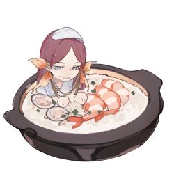 blush character_request chibi clam code009 cooking_pot crustacean fins food food_request hair_behind_ear hair_ornament head_fins in_food in_pot long_hair looking_away looking_down partially_submerged porridge purple_hair shanhai_jing_hua shell shrimp simple_background sitting solo string sweat towel towel_on_head white_background