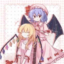 2girls bat_wings black_wings blonde_hair breasts brushing_another&#039;s_hair brushing_hair center_frills chair closed_eyes closed_mouth collared_shirt fby1313133 flandre_scarlet frilled_shirt frilled_shirt_collar frilled_skirt frills hair_between_eyes hair_brush happy hat holding holding_hair_brush medium_hair mob_cap multicolored_wings multiple_girls on_chair open_mouth pink_background pink_hat pink_shirt pink_skirt puffy_short_sleeves puffy_sleeves purple_hair red_eyes remilia_scarlet shirt short_sleeves siblings sisters skirt small_breasts touhou wings wooden_chair wrist_cuffs
