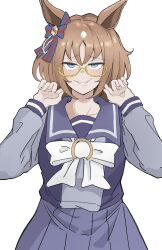 Rule 34 | 1girl, alternate hair length, alternate hairstyle, animal ears, bespectacled, blue eyes, bow, brown hair, commentary request, cowboy shot, ear bow, glasses, grass wonder (umamusume), grin, highres, horse ears, horse girl, looking at viewer, miya nns35, pleated skirt, purple serafuku, purple shirt, purple skirt, sailor collar, school uniform, semi-rimless eyewear, serafuku, shirt, simple background, skirt, smile, solo, striped bow, tracen school uniform, umamusume, under-rim eyewear, white background, white bow, winter uniform, wolf cut, yellow-framed eyewear
