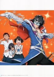 1boy absurdres adam&#039;s_apple belt bent_over black_hair black_pants blue_bow blue_coat blue_shirt blue_skirt blush boots bow breasts brown_hair cape capelet chest_bow chest_harness chest_strap chuo_tanegashima_high_school_uniform cleavage clenched_hands clenched_teeth closed_eyes coat collar collarbone collared_shirt costume daitoku_junna dark-skinned_female dark_skin dynamic_pose embarrassed eye_mask from_below fukuda_tomonori gloves goggles gold_trim grey_eyes hair_between_eyes hair_ornament hand_on_own_chest harness hidaka_subaru hiding hiding_behind_another highres leather_belt long_skirt male_focus mask muscular muscular_male non-web_source official_art open_clothes open_collar open_mouth open_shirt orange_background outstretched_arm pants pectorals pleated_skirt rapier red_cape red_hair red_shirt red_undershirt robotics;notes sailor_collar sailor_shirt scan school_uniform senomiya_akiho shirt skirt smile smirk solo sparkle sparkle_background sparkling_eyes sweatdrop sword t-shirt tablet_pc tan teeth tongue watch weapon white_boots white_gloves white_sailor_collar white_shirt wristwatch yashio_kaito zipper zipper_footwear zipper_pull_tab