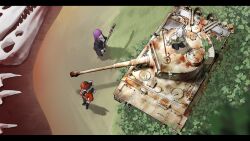 1girl 2girls absurdres animal_skeleton axe battle_axe black_boots black_coat black_gloves black_pantyhose black_robe blunt_bangs blurry blurry_foreground bone boots braided_scarf brown_boots bush capelet caterpillar_tracks coat day double-sided_axe elf fern_(sousou_no_frieren) finger_to_own_chin fingerless_gloves frieren from_above gloves gogo_(gogo_23) hand_on_own_chin highres holding holding_staff letterboxed mage_staff manually-operated_mounted_gun military military_vehicle motor_vehicle multicolored_hair multiple_girls on_tank outdoors pantyhose parted_bangs pointy_ears purple_eyes purple_hair purple_pupils red_coat red_hair robe roots_(hair) shadow shirt skeleton skull sousou_no_frieren squatting staff stark_(sousou_no_frieren) straight_hair striped_clothes striped_shirt tank tank_turret thinking tiger_i twintails weapon weapon_on_back white_capelet white_hair