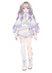 1girl :d absurdres aqua_eyes arms_at_sides artist_request black_nails bloomers bow bracelet braid breasts brooch brown_hair collar colored_lineart crescent crescent_brooch earrings flower frilled_collar frilled_straps frills hair_bow hair_intakes happy heart heart_o-ring heterochromia highres indie_virtual_youtuber jewelry looking_ahead looking_at_viewer multicolored_hair nail_polish neck_ribbon o-ring open_mouth purple_eyes purple_hair ribbon ribbon_braid ribbon_legwear sash second-party_source see-through_sleeve_layer shirt shoes shorts side_braid sidelocks simple_background single_thighhigh small_breasts smile solo standing straight-on streaked_hair swept_bangs tachi-e teardrop_earrings teeth thighhighs three-quarter_sleeves transparent_background underwear upper_teeth_only wavy_hair white_bloomers white_bow white_flower white_ribbon white_shirt white_shoes white_shorts white_thighhighs yunami_toiro