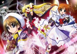 3girls ankle_wings arm_belt arm_up armpits bardiche_(nanoha) belt black_leotard black_shoes black_thighhighs blonde_hair blue_eyes book brown_hair cape capelet chest_belt closed_mouth commentary covered_navel crossed_belts dress english_commentary fate_testarossa fate_testarossa_(original_form) full_body higa_yukari highres holding holding_book holding_staff leotard long_dress long_hair long_sleeves looking_at_viewer lyrical_nanoha magic_circle mahou_shoujo_lyrical_nanoha mahou_shoujo_lyrical_nanoha_a&#039;s miniskirt multiple_girls one_side_up open_mouth orange_eyes pleated_skirt raising_heart shoes short_hair showgirl_skirt skirt staff standing standing_on_magic_circle takamachi_nanoha takamachi_nanoha_(original_mode) thighhighs tome_of_the_night_sky twintails two-sided_cape two-sided_fabric watermark white_capelet white_dress white_shoes white_skirt wings yagami_hayate