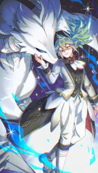 1boy ;) ascot boots buttons closed_mouth commentary_request crossed_bangs floating_hair gen_5_pokemon green_hair hair_between_eyes hand_up highres kado_51 legendary_pokemon long_hair long_sleeves male_focus n_(anniversary_2021)_(pokemon) n_(pokemon) nintendo official_alternate_costume one_eye_closed pants pokemon pokemon_(creature) pokemon_masters_ex reshiram smile tailcoat white_ascot white_footwear white_pants