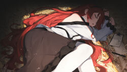 1girl ahoge black_hairband black_skirt chinese_commentary closed_eyes clothing_cutout commentary_request eris_greyrat hairband hay highres long_hair long_skirt long_sleeves lying mushoku_tensei on_ground on_side open_mouth pantyhose papers red_hair shirt shoulder_cutout single_bare_shoulder skirt sleeping solo very_long_hair white_pantyhose white_shirt xiu_kukkii