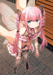 Rule 34 | 1girl, 1other, absurdres, ahoge, bare shoulders, black shoes, black thighhighs, blue eyes, bow, bowtie, braid, brooch, butterfly hair ornament, closed mouth, dress, earrings, fairy, fairy wings, frilled dress, frilled thighhighs, frills, hair ornament, heart, heart ahoge, heart brooch, heart earrings, highres, holding, holding mini person, jewelry, kokoromo memory, long hair, mini person, minigirl, phase connect, pink dress, pink hair, pointy ears, remembering, shoes, single earring, thighhighs, twin braids, twintails, virtual youtuber, wings, wrist cuffs, yanai